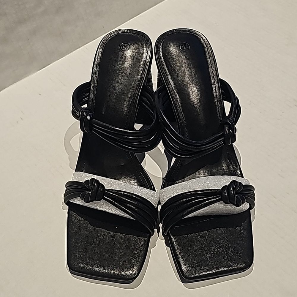 Black Square Open Toe Heeled Sandals Backless with Chunky Block Heel